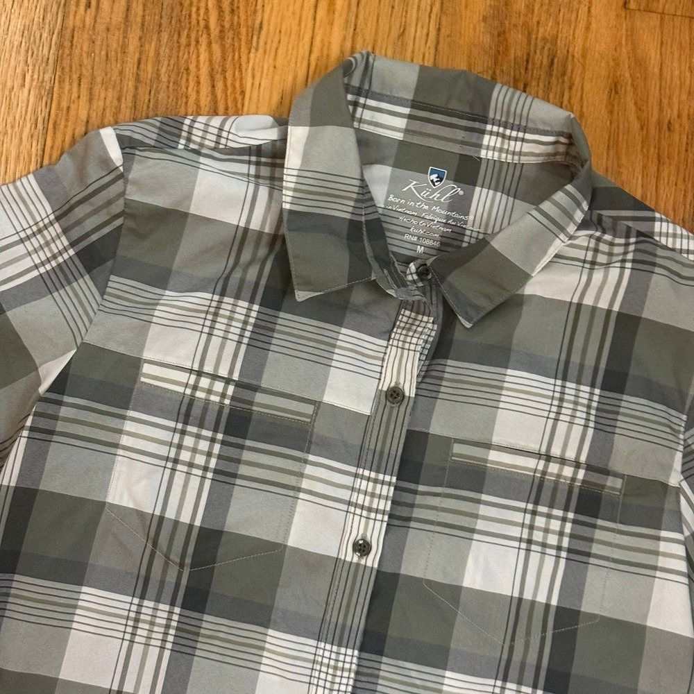 Kuhl Womens Medium Green Gray Plaid SS Button Down Casual Shirt Gorpcore